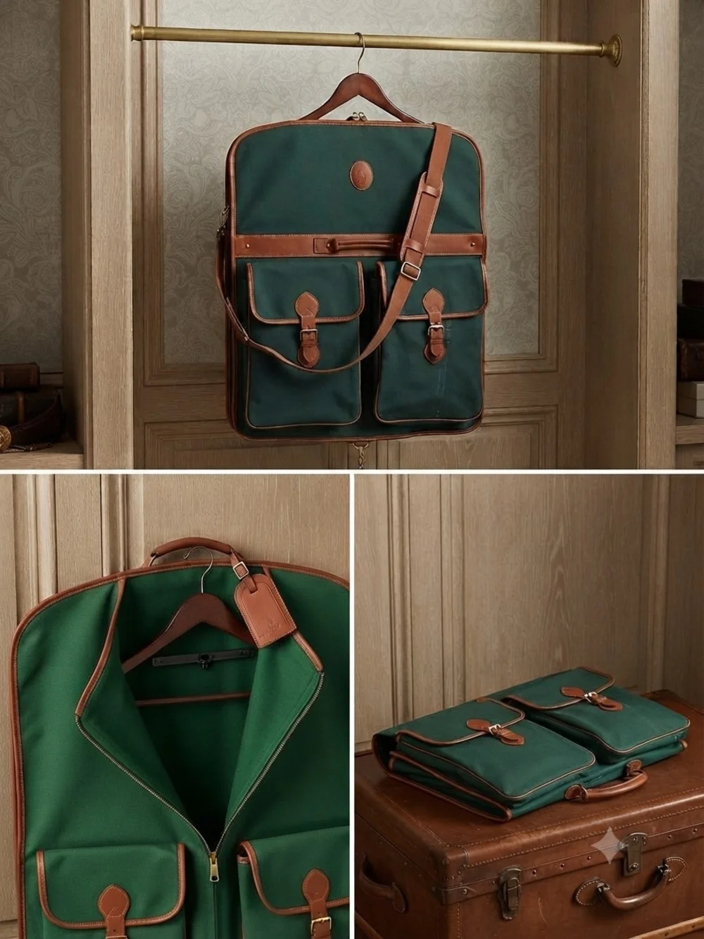 Vintage Polo by Ralph Lauren Green Canvas Garment Bag with Brown Leather Trim